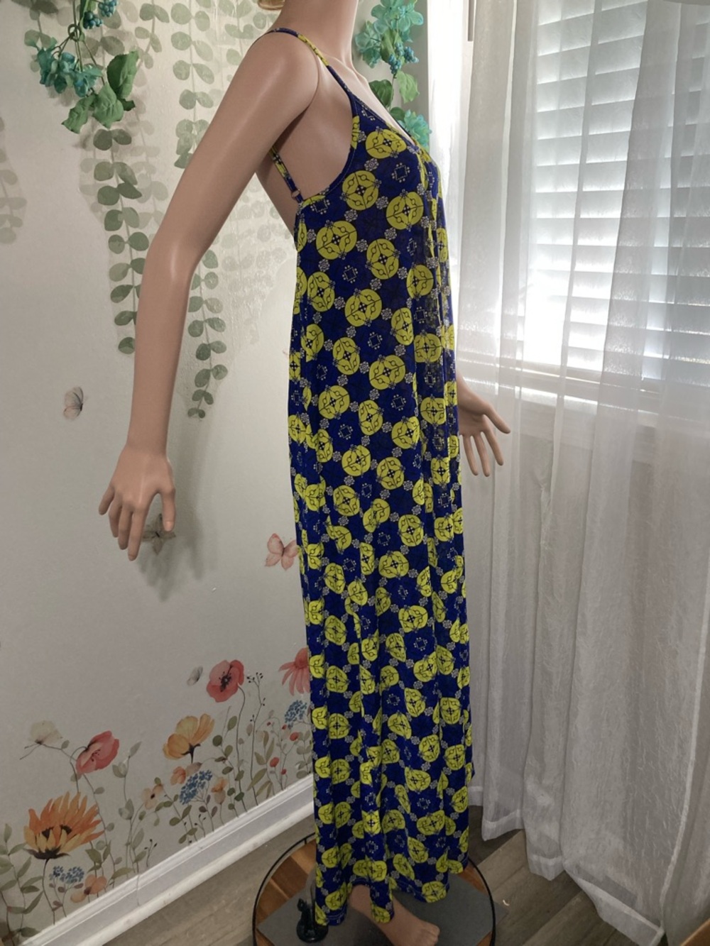 💎 Sz OS India Boutique Navy and Yellow Floral Maxi Slip Dress - Picture 2 of 7
